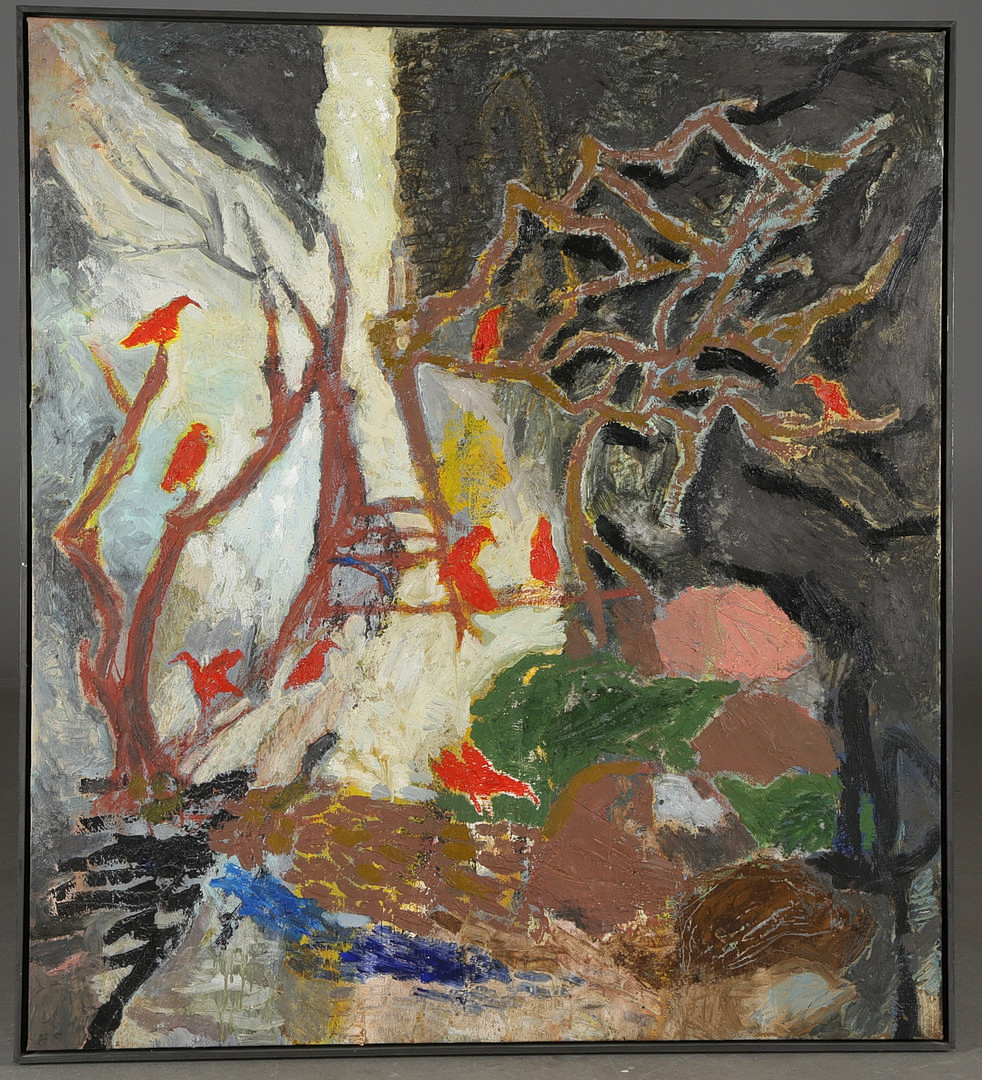 Ubekendt kunstner. "Røde Fugle", olie på lærred, 2001.