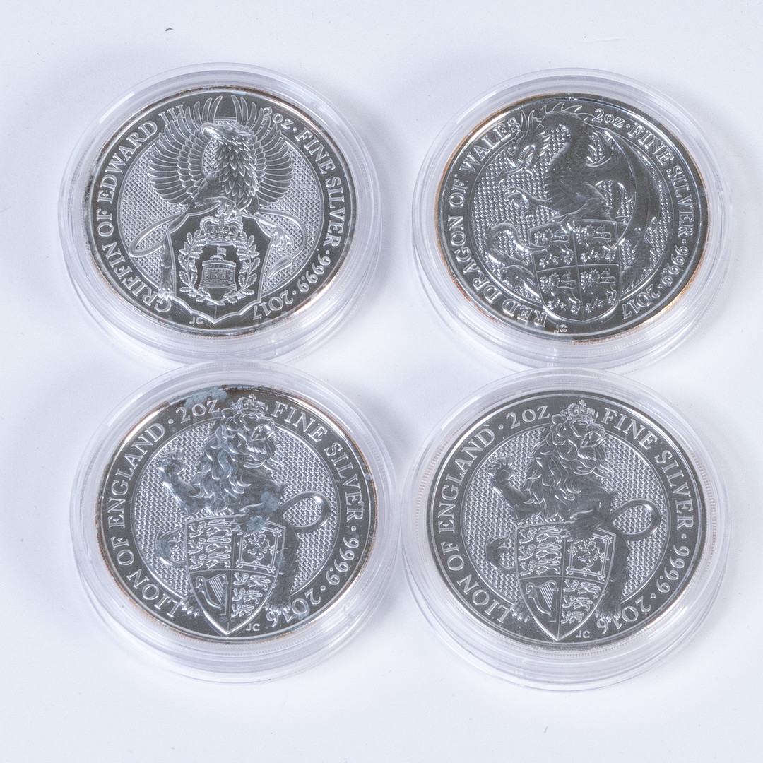 Mynt 4 st., finsilver 999, 2 oz, 5 Pounds, Elizabeth II, Storbritannien, "Queens Beasts", i kassetter.