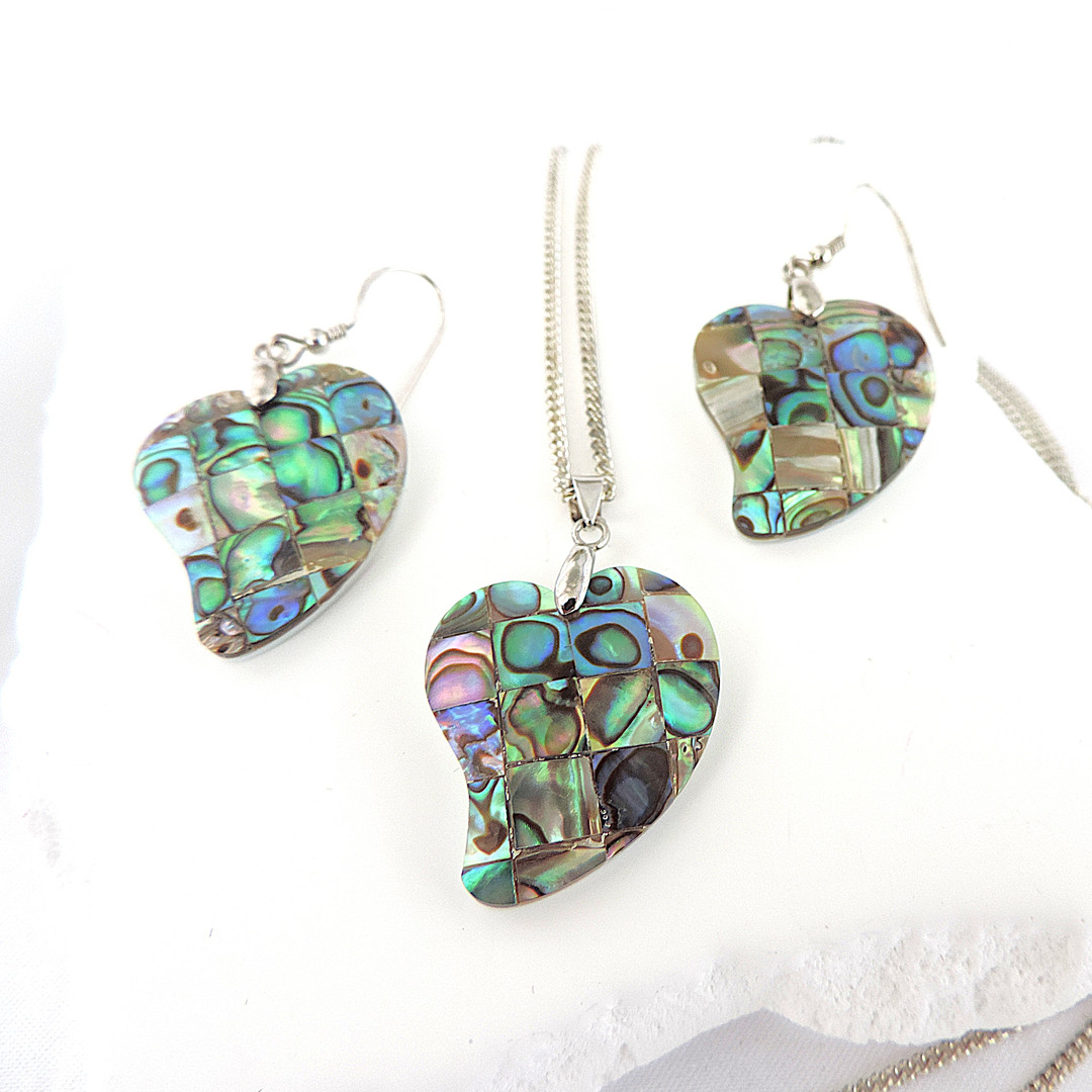 925 STERLING SILVER PAUA SHELL NECKLACE AND EARRINGS 'NEW'.