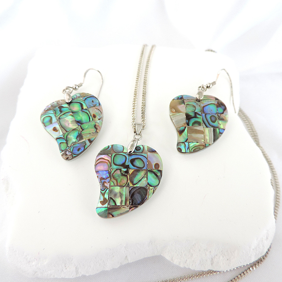 925 STERLING SILVER PAUA SHELL NECKLACE AND EARRINGS 'NEW'.