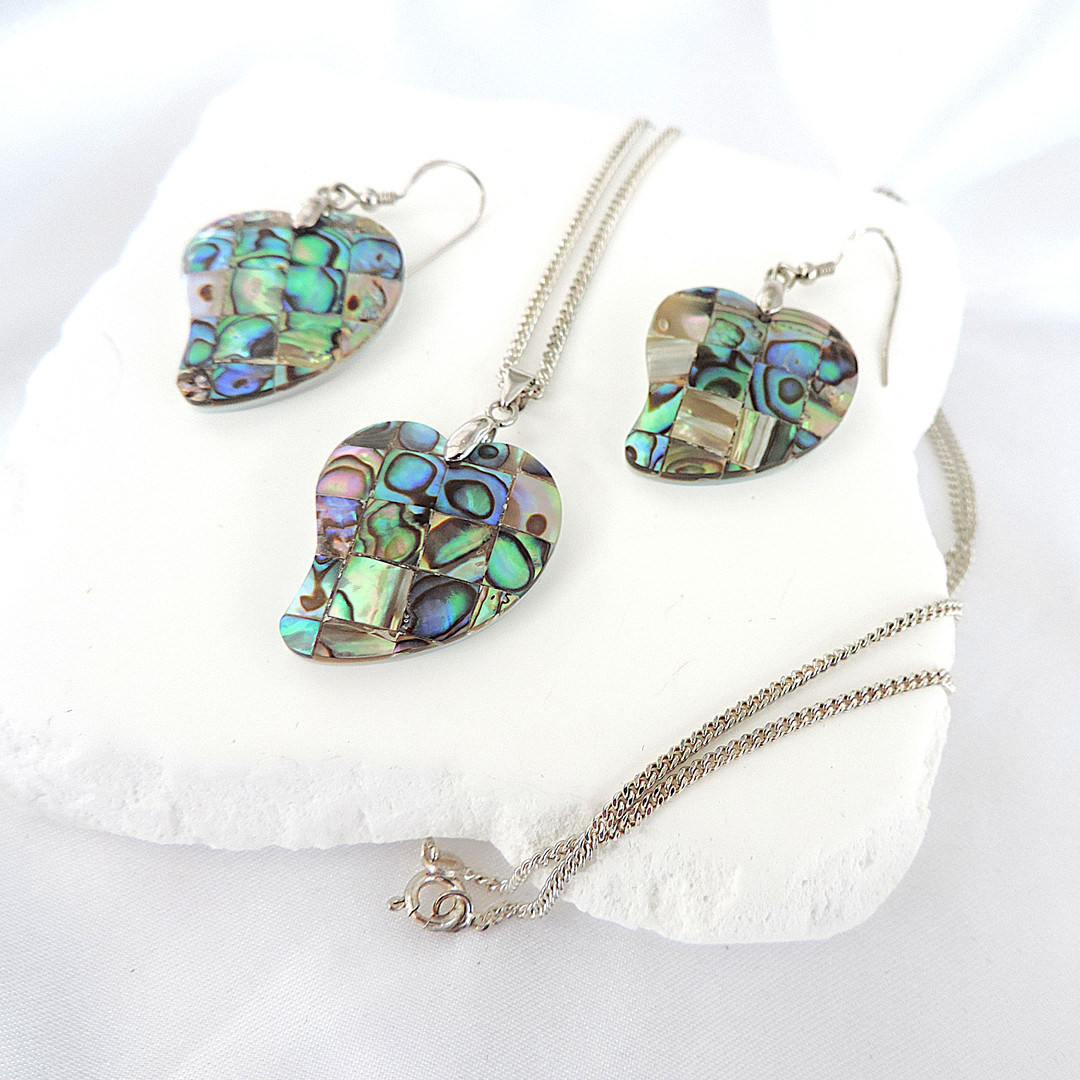 925 STERLING SILVER PAUA SHELL NECKLACE AND EARRINGS 'NEW'.