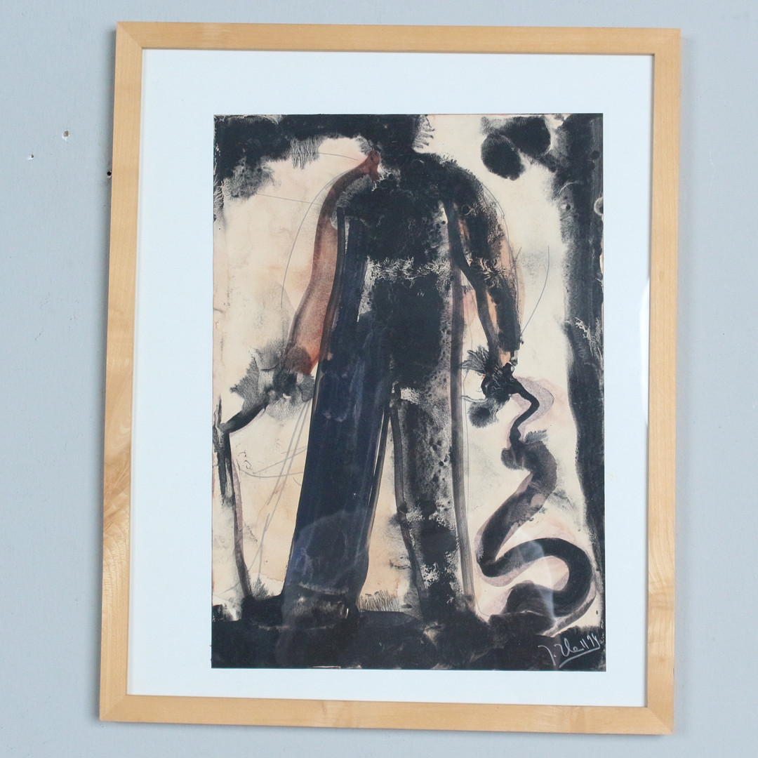 JÖRG HEROLD (1965). (bk), Tempera/Papier, '' Starker Mann mit Peitsche '' signiert, datiert( 1994).