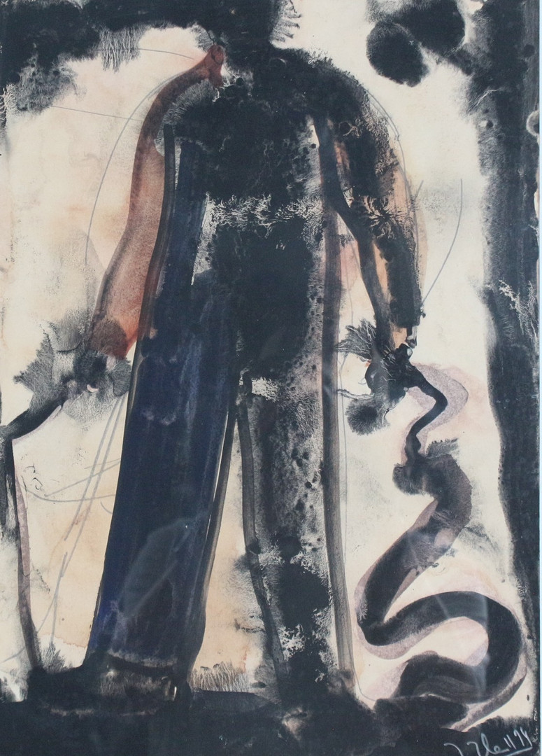 JÖRG HEROLD (1965). (bk), Tempera/Papier, '' Starker Mann mit Peitsche '' signiert, datiert( 1994).