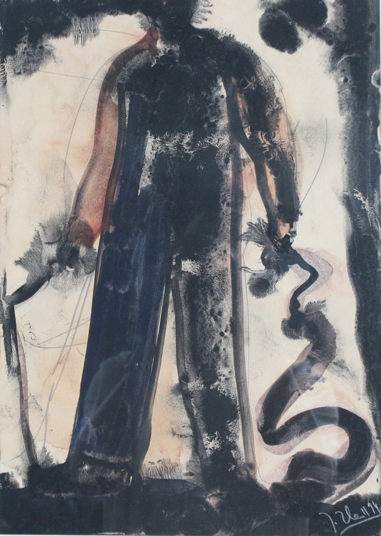 JÖRG HEROLD (1965). (bk), Tempera/Papier, '' Starker Mann mit Peitsche '' signiert, datiert( 1994).