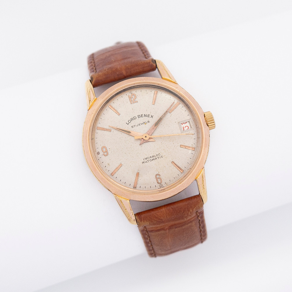 LORD BENEX ARMBANDUHR, 57 STEINE, AUTOMATIK, MADE IN SWISS, DATUMSANZEIGE, LEDERARMBAND DER FIRMA HIRSCH.