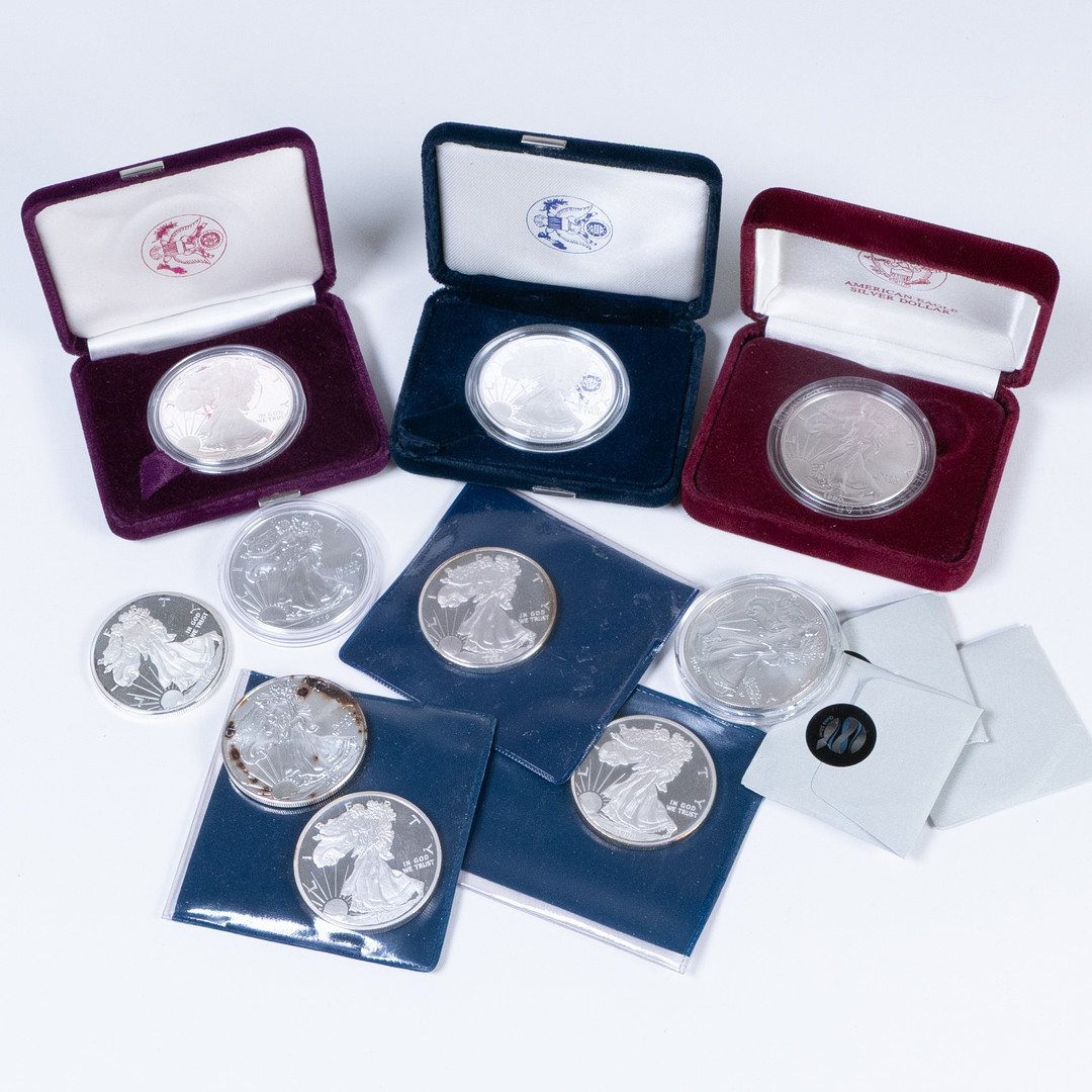 Mynt, 14 st, finsilver 999, American Silver Eagle, 1986-2021.