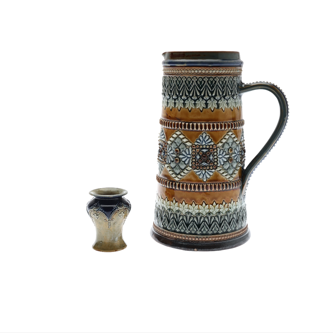 LATE VICTORIAN DOULTON LAMBETH JUG AND A LATER SMALL VASE. (2).
