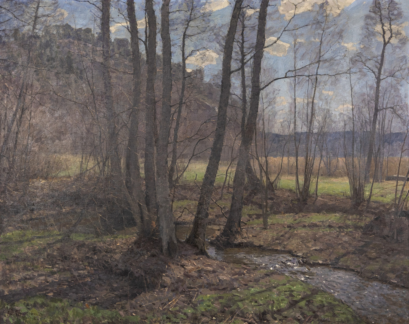 ALFRED BERGSTRÖM (1869-1930). Olja på duk, skogsdunge med porlande bäck. signerad.