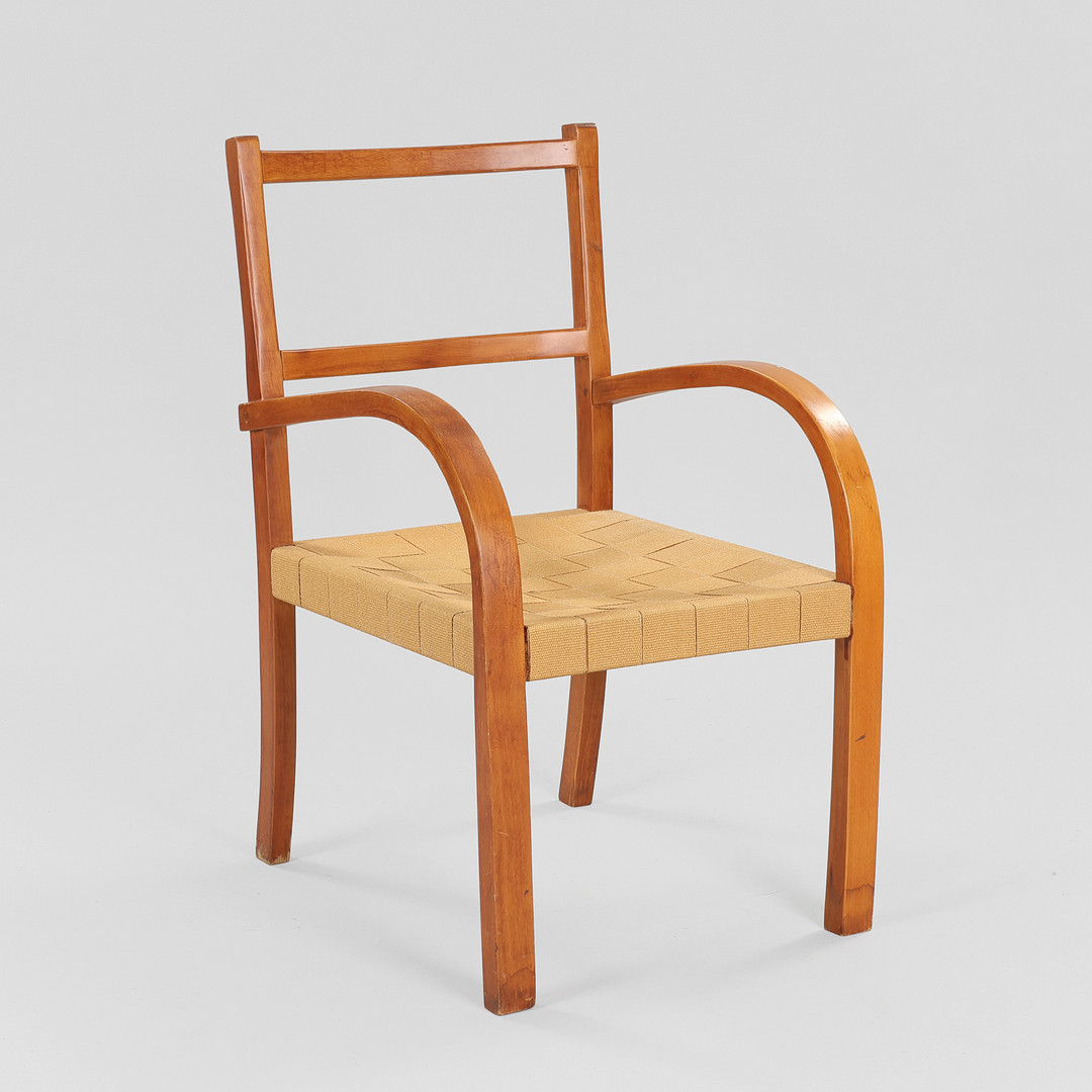 DANSK MØBELSNEDKER: Lænestol i funktionalistisk stil af formbøjet bøgetræ og gjorder, Danmark, funkis, 1930/40'erne.