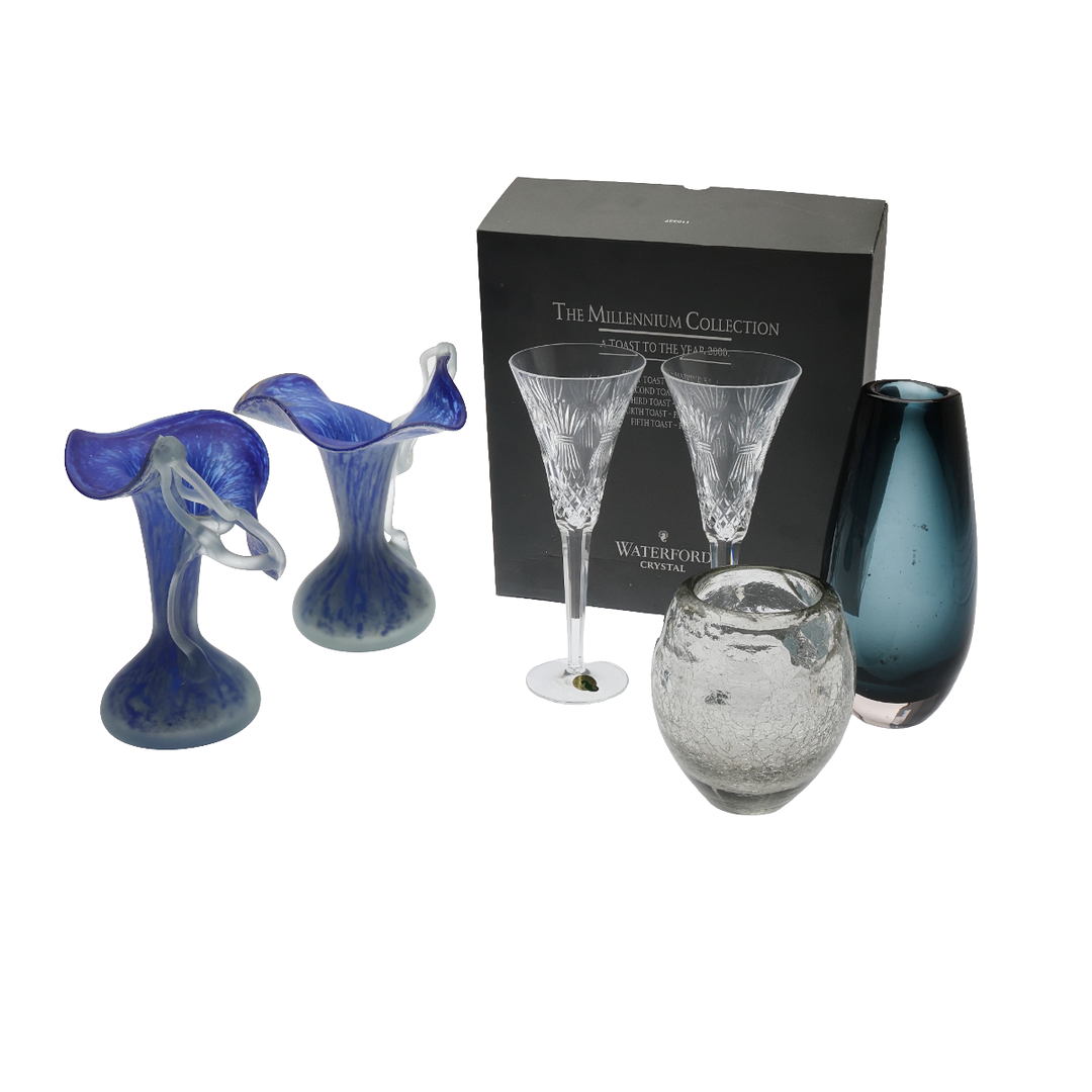 PAIR OF WATERFORD MILLENNIUM GLASSES, AND 4 ART GLASS VASES. (6).