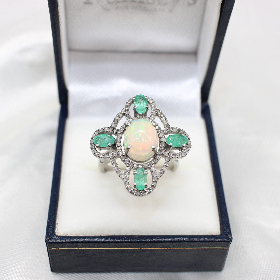 OPAL, EMERALD & DIAMOND RING.