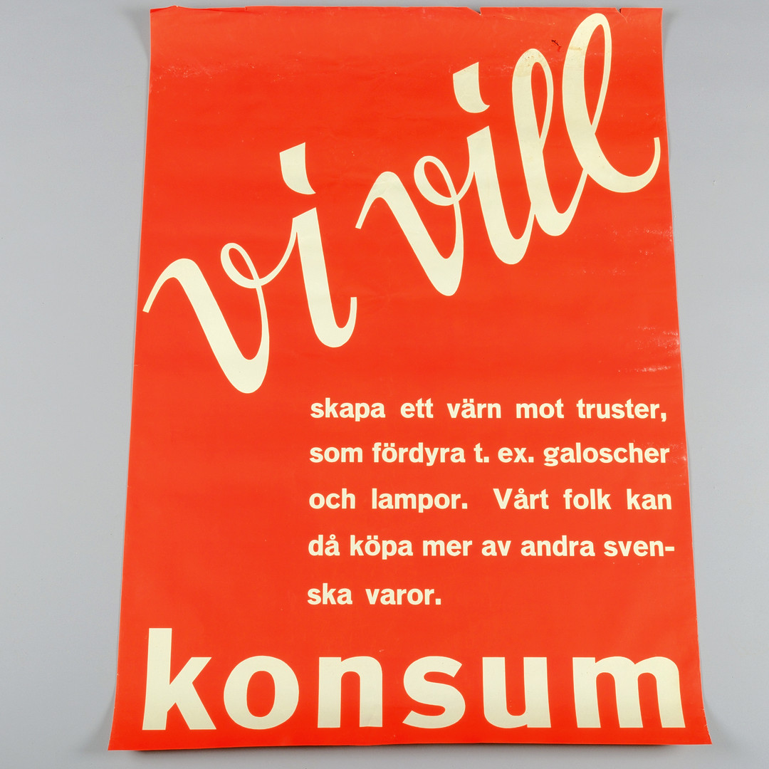 REKLAMAFFISCH, ”Vi vill skapa ett värn mot truster”, 100x69, Konsum, Ivar Hæggströms Lito, Stockholm, ca 1930–1935.