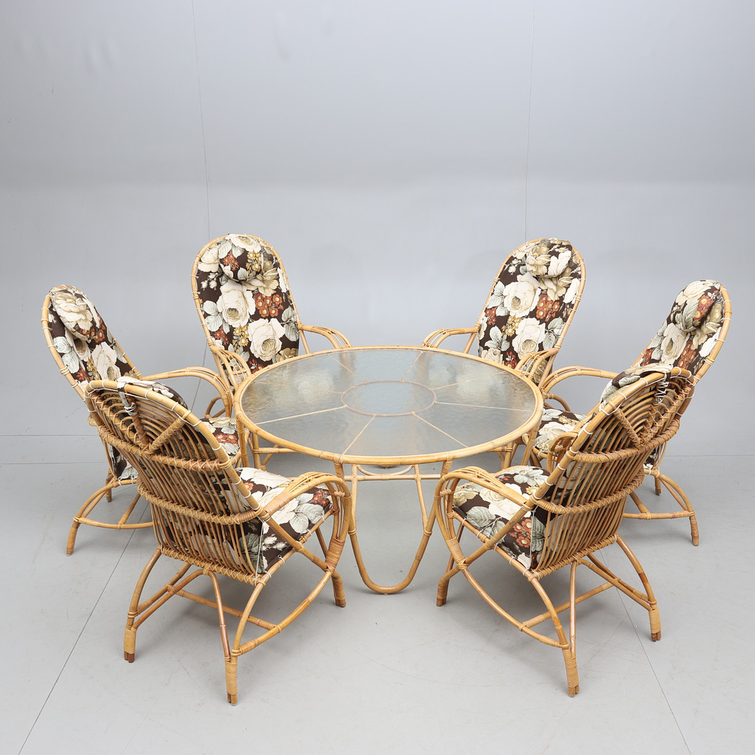 UTE-/TRÄDGÅRDSMÖBLER, 7 delar, bambu/rotting/glas, 1970-tal.