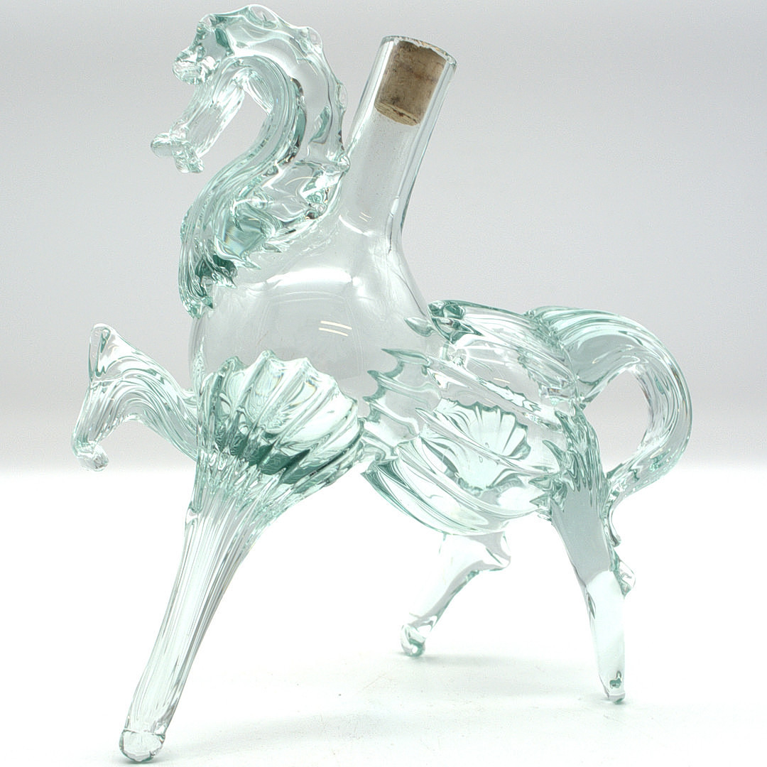 MURANO KUNST GLAS FLASCHE ALS PLASTISCHES PFERD TÜRKIS MIT KORK-STOPFEN 1950ER JAHRE.