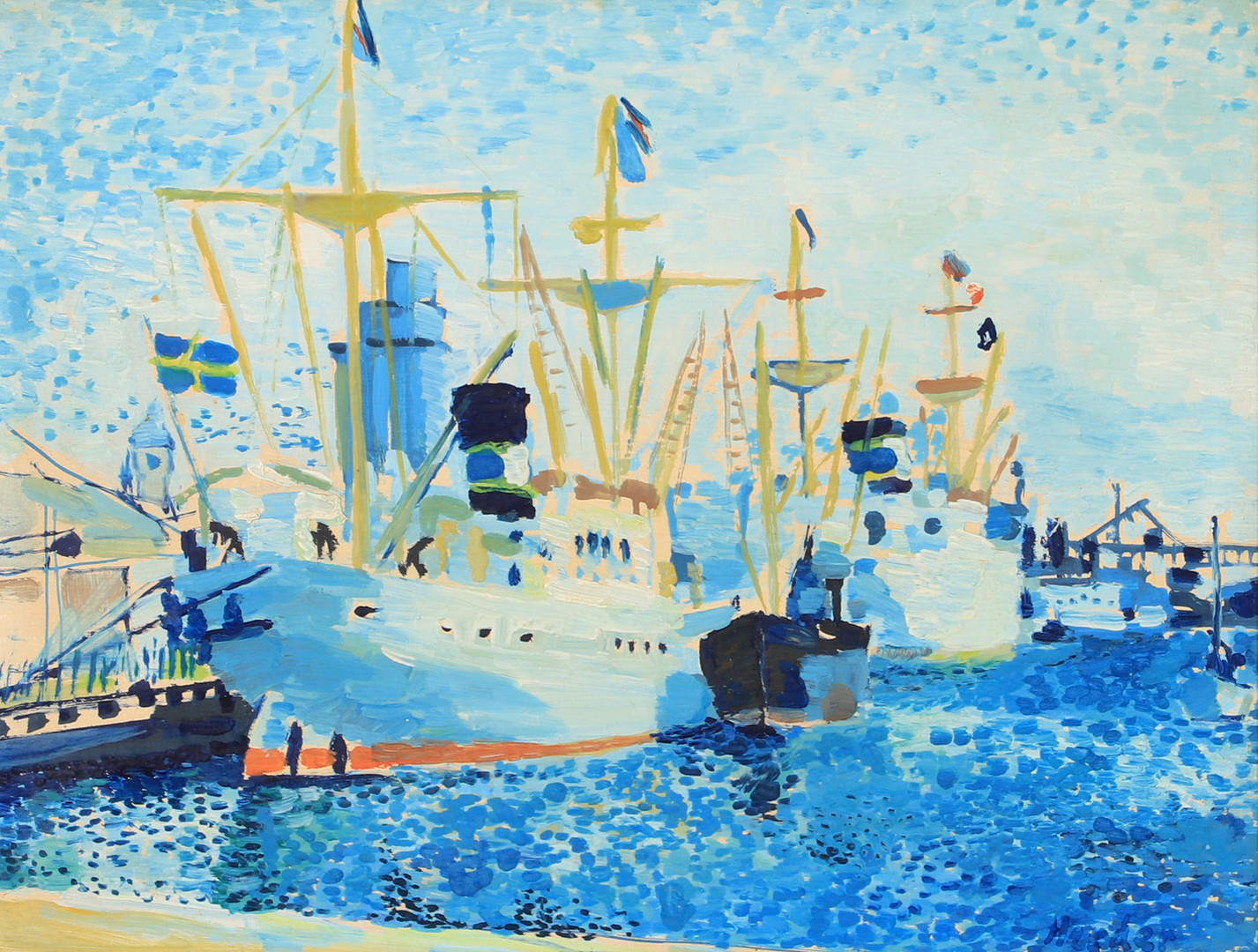 LARS HERDER. Helsingborgs hamn, olja på pannå, signerad Herder.