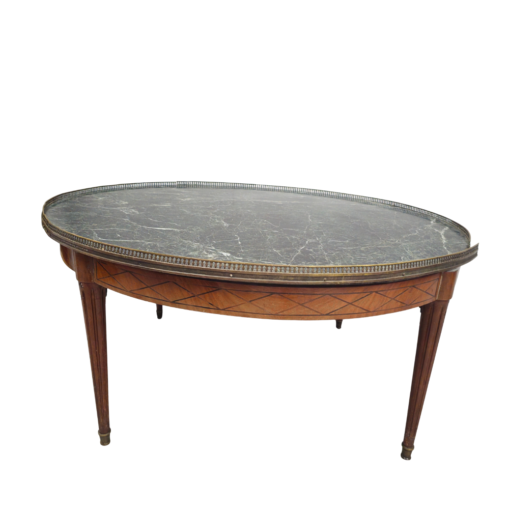 Mesa bouillotte estilo Luis XVI con sobre en marmol y galeria.