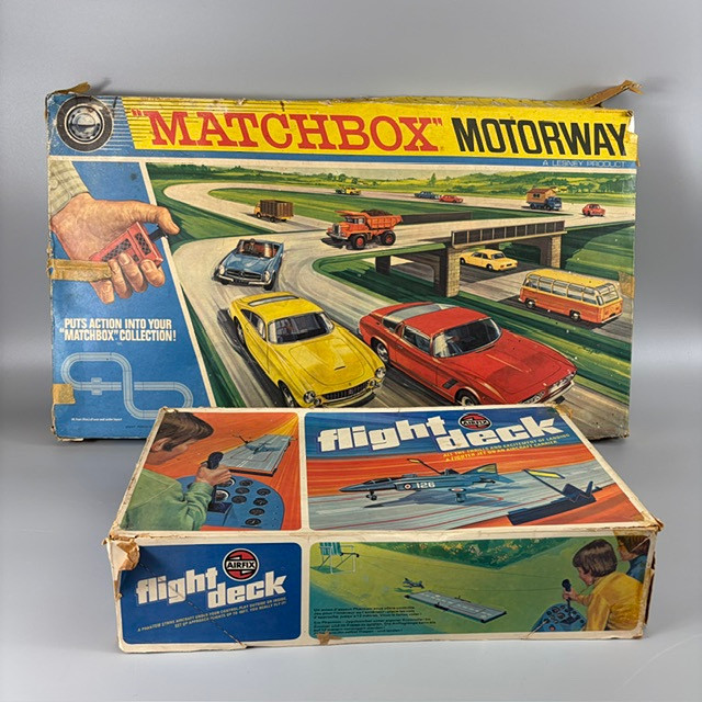 MATCHBOX MOTORWAY SLOT CARS AND AIRFIX FLIGHT DECK.