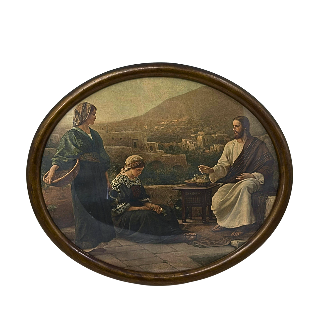 KUNSTDRUCK DER HEILIGEN MARTHA UND MARIA MIT JESUS IM HOLZRAHMEN.
