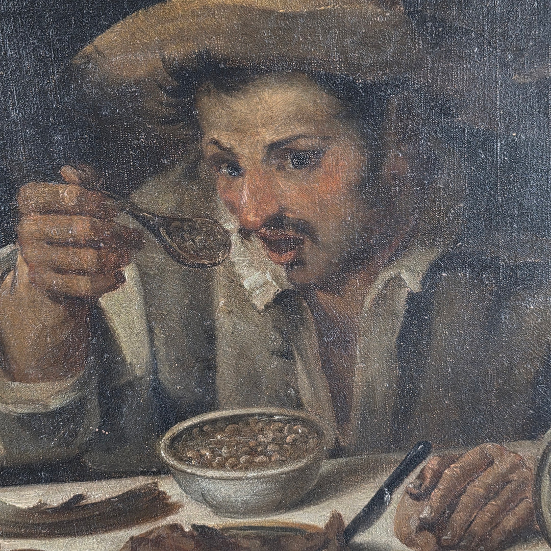 CARRACCI, ANNIBALE. REPLIK. „Der Bohnenesser“ / „Il mangiafagioli“, Öldruck auf Leinwand.