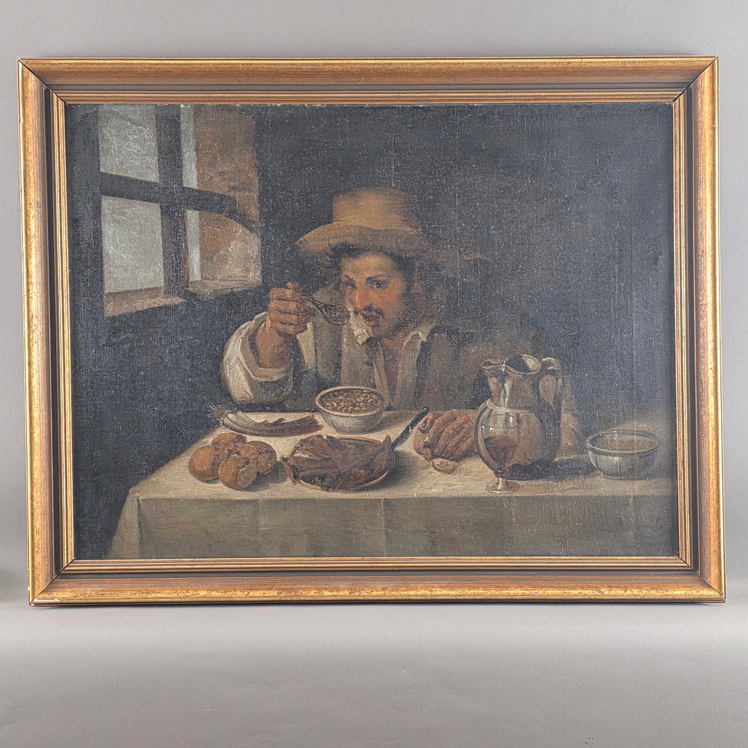 CARRACCI, ANNIBALE. REPLIK. „Der Bohnenesser“ / „Il mangiafagioli“, Öldruck auf Leinwand.