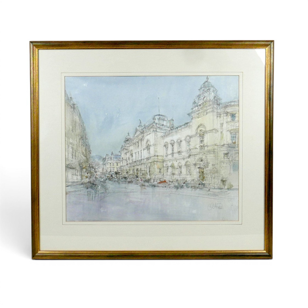 JOHN FREDERICK PALMER (BRITISH, 1939-2021) RWA: WATERCOLOR OF THE GUILDHALL , BATH.