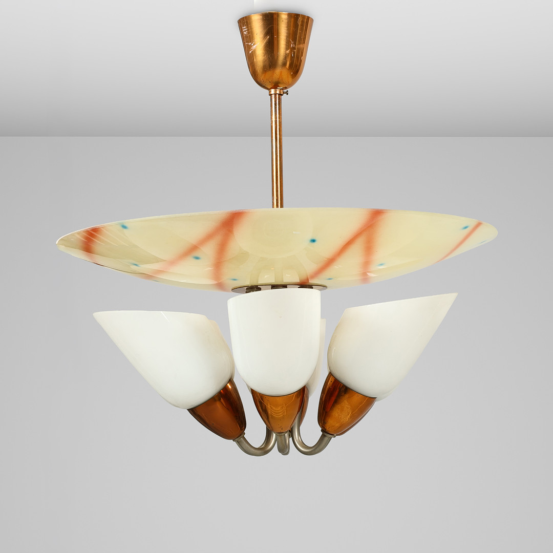 Dekorativ loftslampe af kobber og glas. ca 1950-60 erne. Tjekkiet.