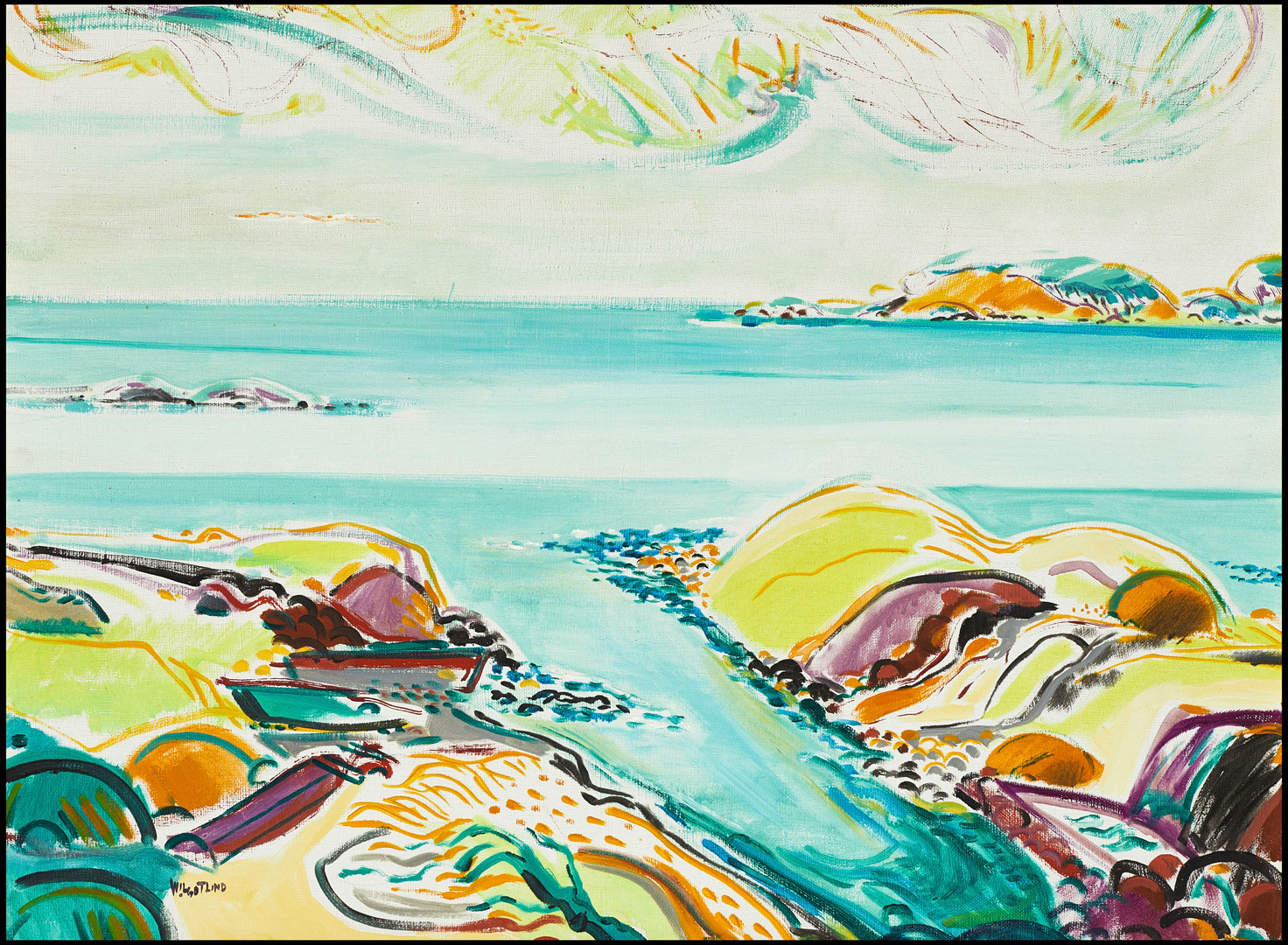 WILGOT LIND (1915-1996), "Klippor och hav / Sommarhav / Motiv från Känsö", signerad, olja på duk.