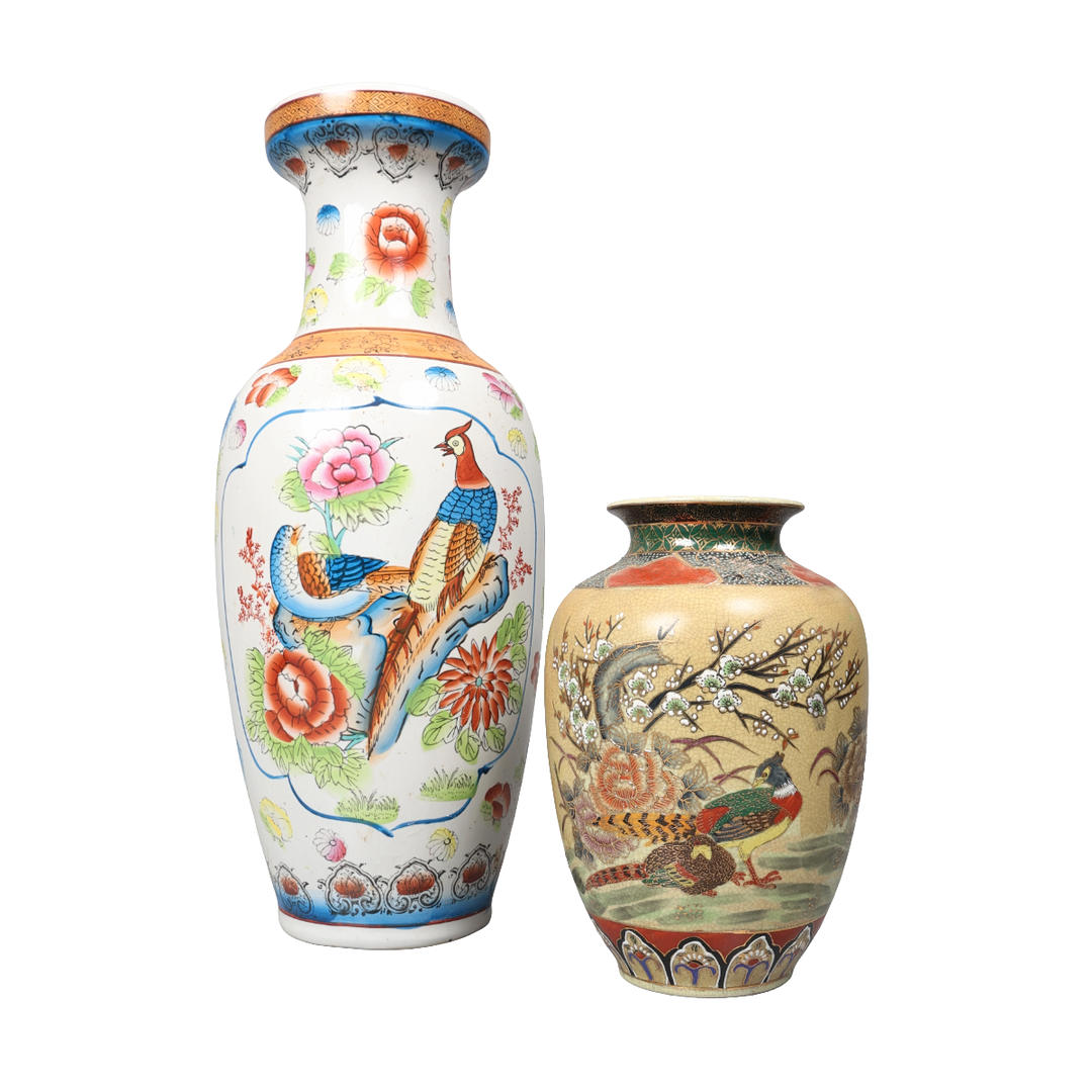 VERY LARGE CHINESE PORCELAIN BALUSTER VASE, AND A JAPANESE SATSUMA VASE. (2).
