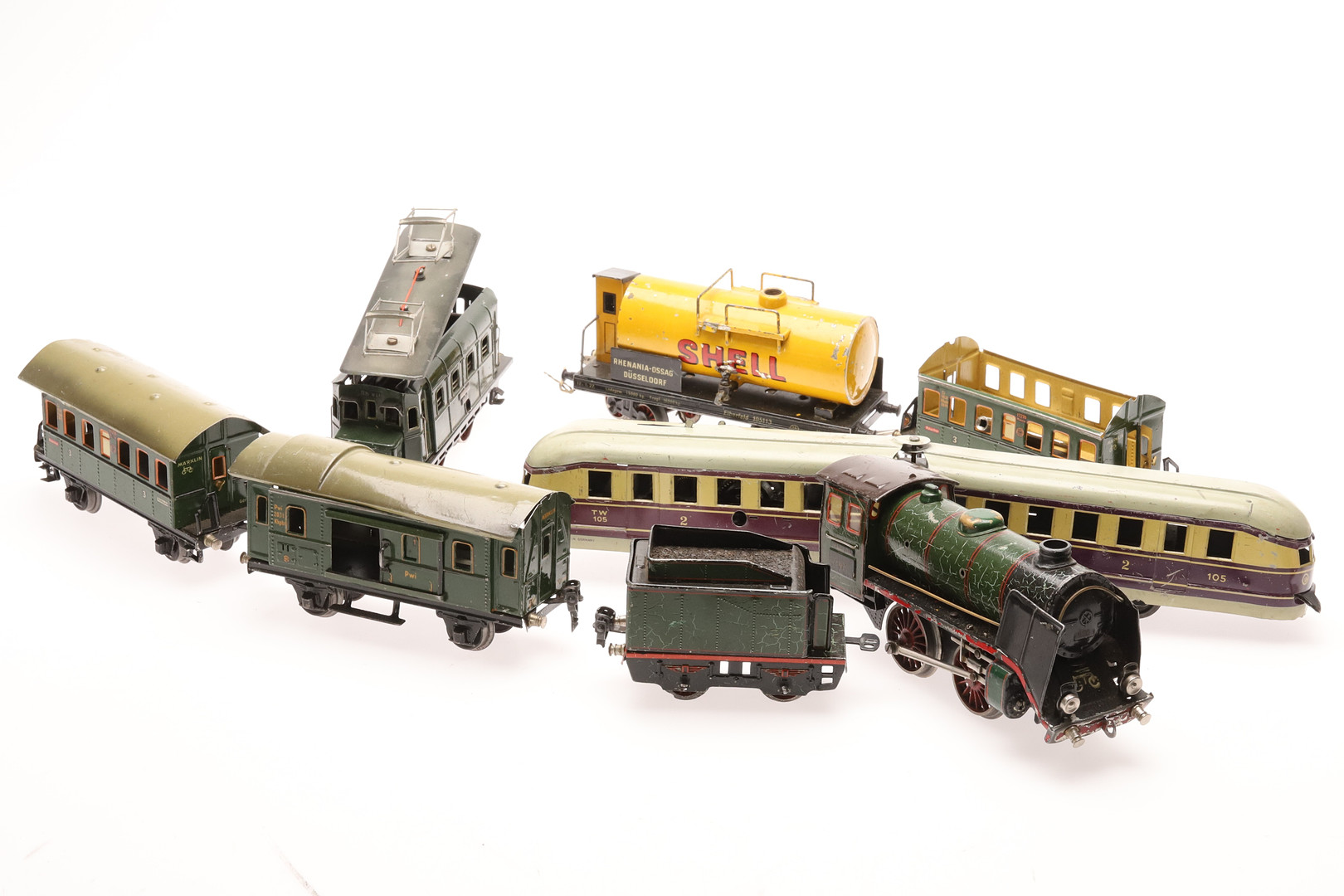 MODELLJÄRNVÄG, Lok ,vagnar & spår litograferad plåt, Distler, Märklin. Skala 0. 1930-tal, Tyskland.