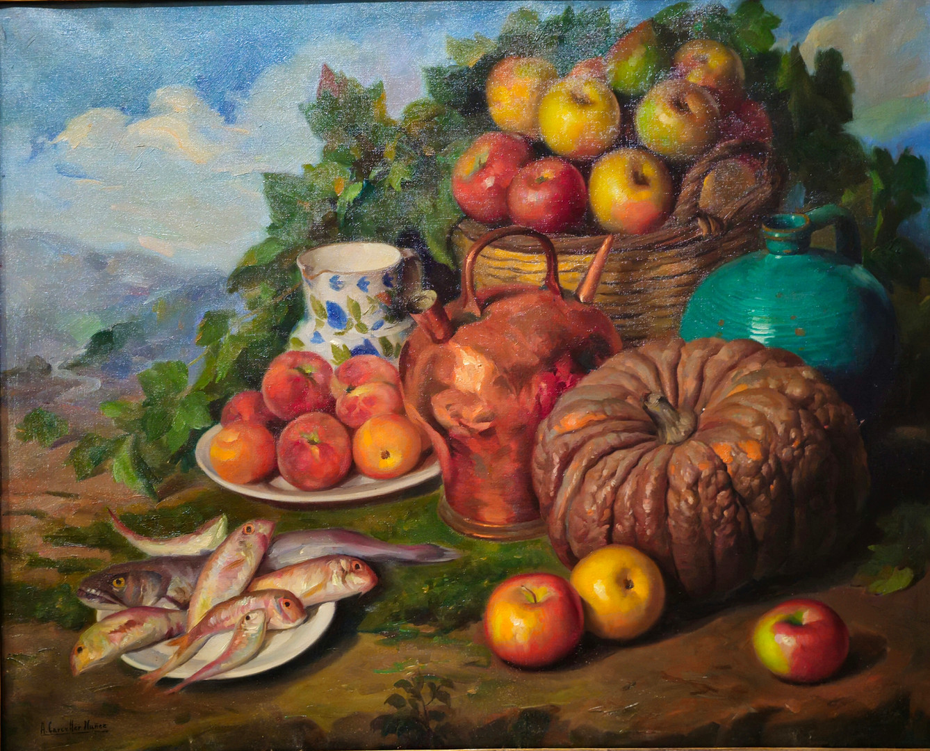 ANDRÉS CARCELLER NÚÑEZ. Bodegón de cocina con salmonetes.