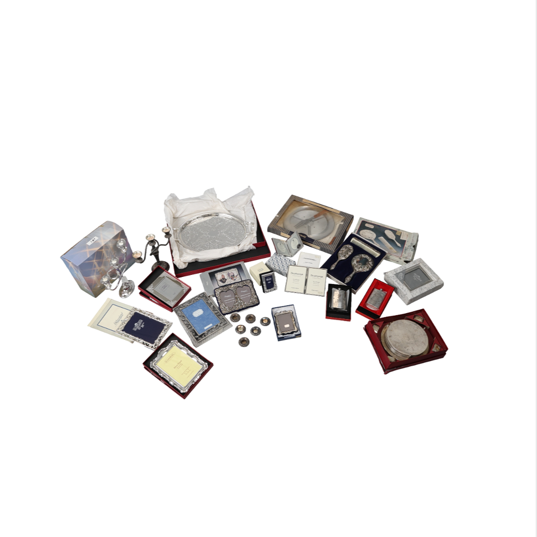 SILVER PHOTOGRAPH FRAME, AND A LARGE QUANTITY OF PLATED ITEMS.