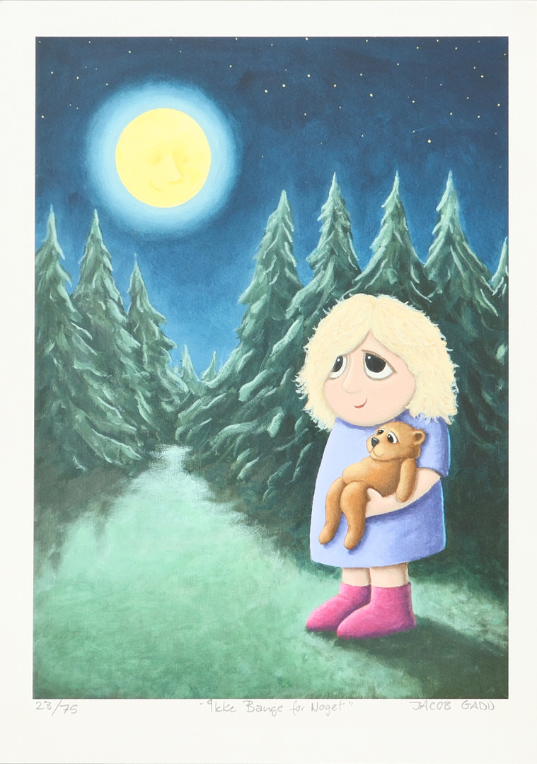 JACOB GADD F. 1961. Motiv med pige, bamse og måne, 'Ikke Bange for Noget', Giclée tryk, signeret i bly.