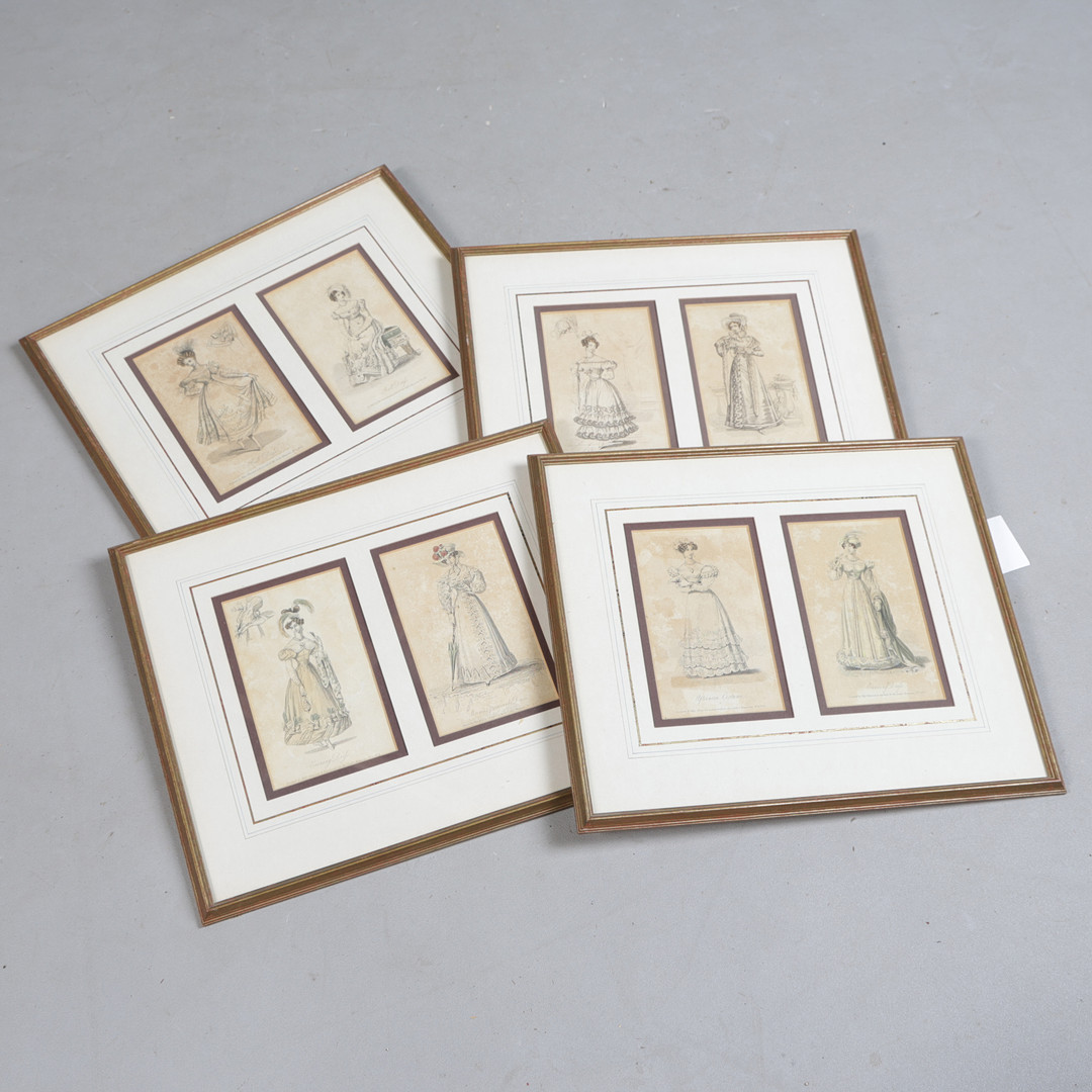 A SET OF EIGHT ENGRAVINGS OF LADYS IN DRESSES, HOUSED WITHIN FOUR FRAMES (4).