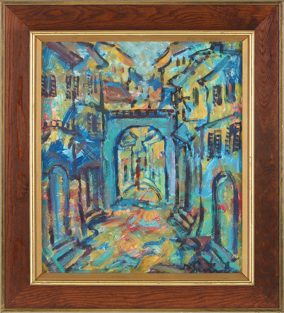 NATHAN GUTMAN (1914-1990). abstrakt stadsmotiv, olja på pannå, signerad.
