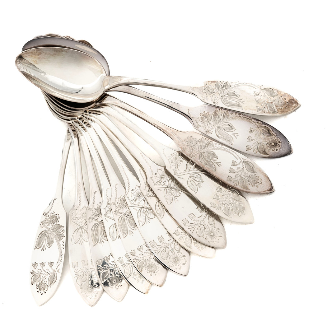 DESSERTSKEDAR, ”Finnmyrten”, silver, 12 st, COP.