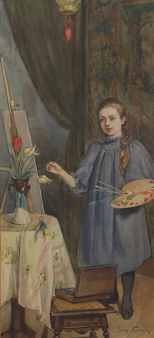 JENNY NYSTRÖM. Gouache, Flicka som målar, signerad.