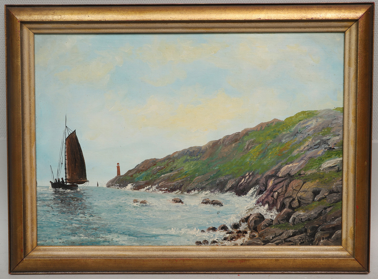 JOHAN JOHANSON. Olja på duk, segelbåt vid kusten, signerad Joh Johanson.