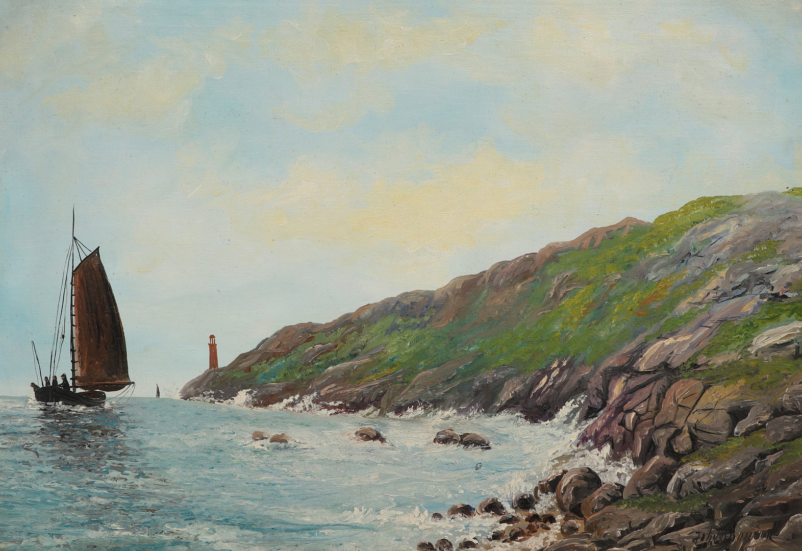 JOHAN JOHANSON. Olja på duk, segelbåt vid kusten, signerad Joh Johanson.