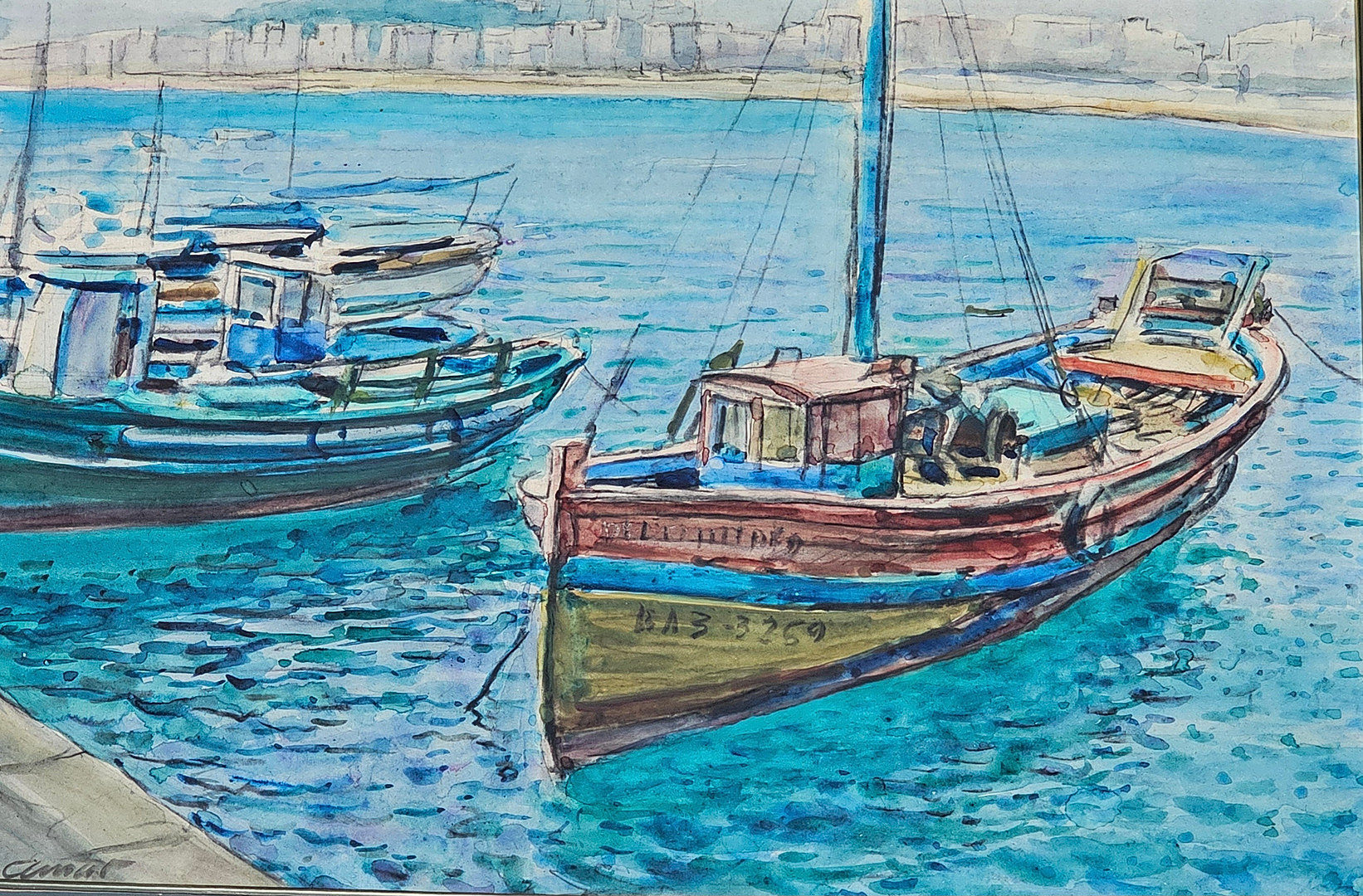 GABRIEL AMAT PAGÈS. Barcos de pescadores, acuarela sobre papel.