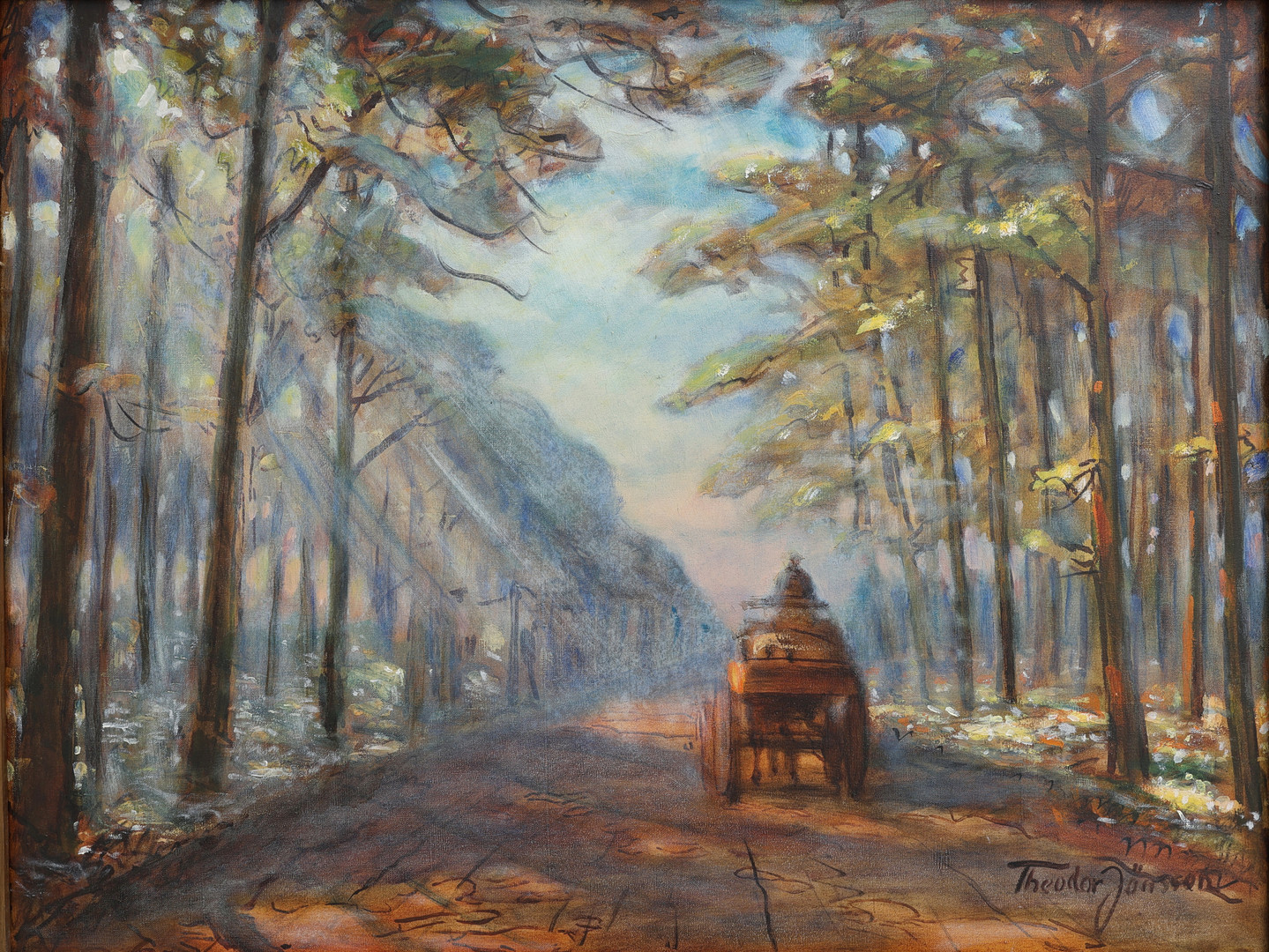 THEODOR  JÖNSSON. VAGN LÄNGS LANDSVÄG, OLJA PÅ DUK, SIGNERAD.