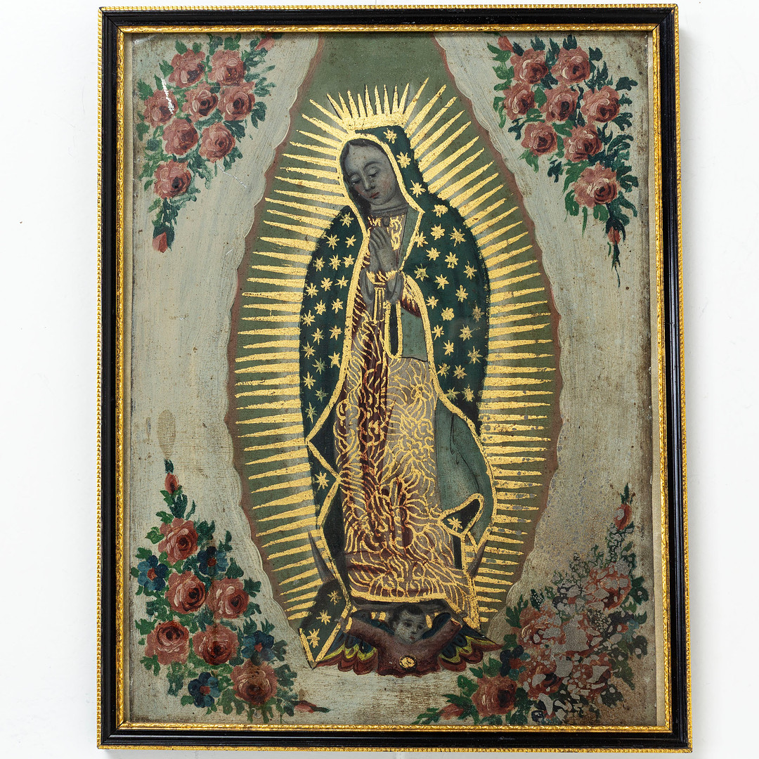 IKON, Vår Fru av Guadalupe, bemålad plåt med förgyllda detaljer, sannolikt Latinamerika.