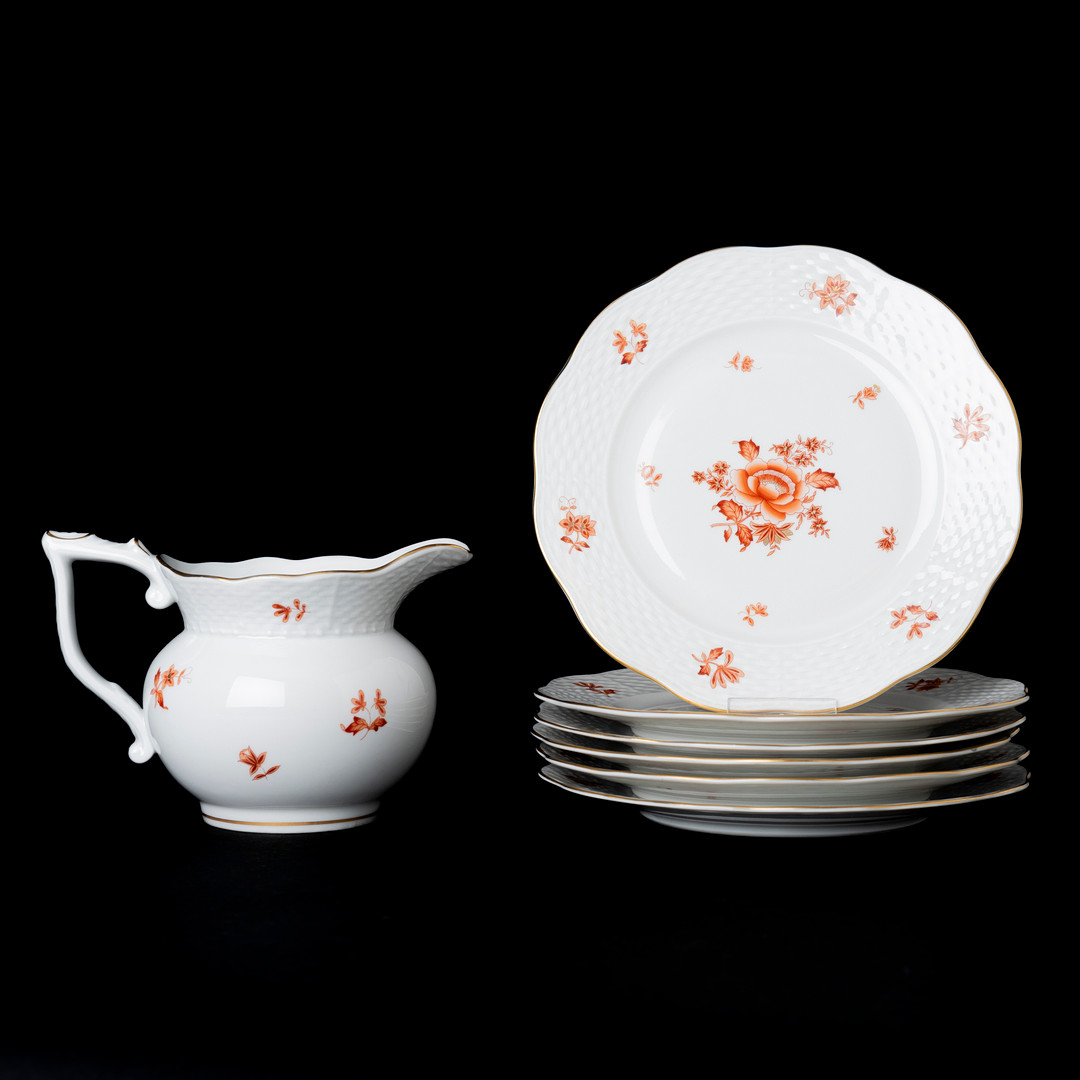 HEREND, 7 delar, "Nanking Bouquet", assietter samt kanna, Ungern.