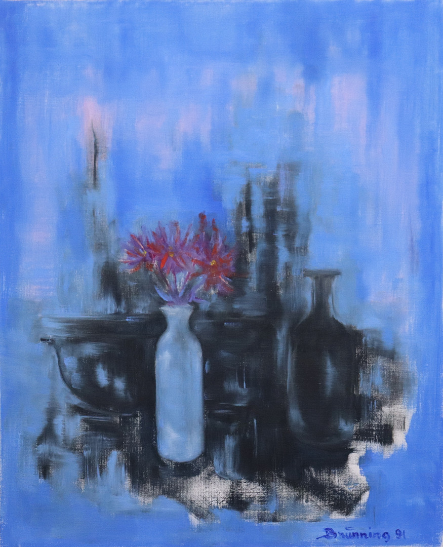 LEIF BRÜNNING (1930-1999). olja på duk, "Bottles in black and blue".