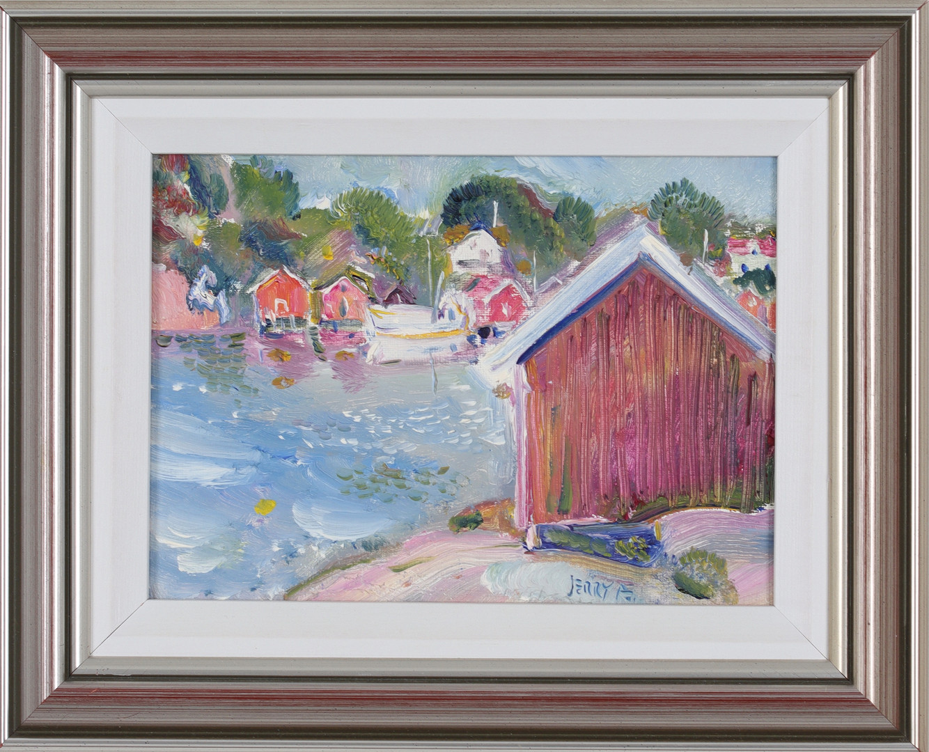 JERRY ANDERSSON. Sjöbodar, olja på duk, signerad "Jerry A".