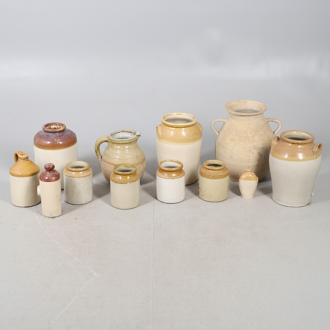 A QUANTITY OF 19TH CENTURY LARGE STONEWARE JARS AND CONTAINERS.