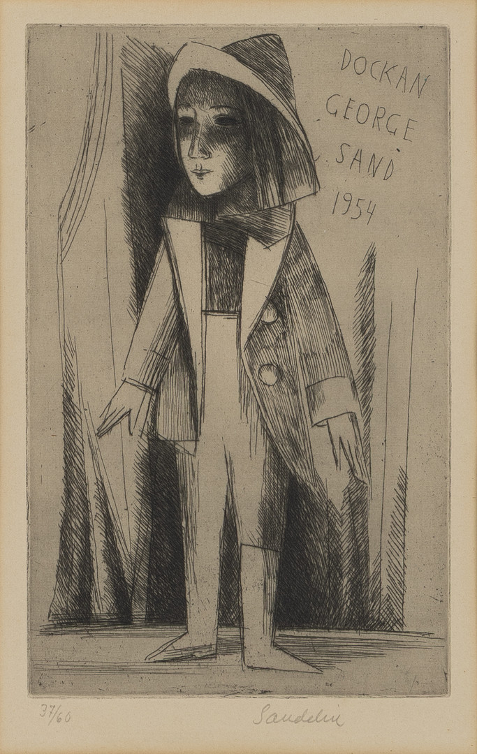 BÖRJE SANDELIN. Etsning, "Dockan George Sand 1954", signerad.