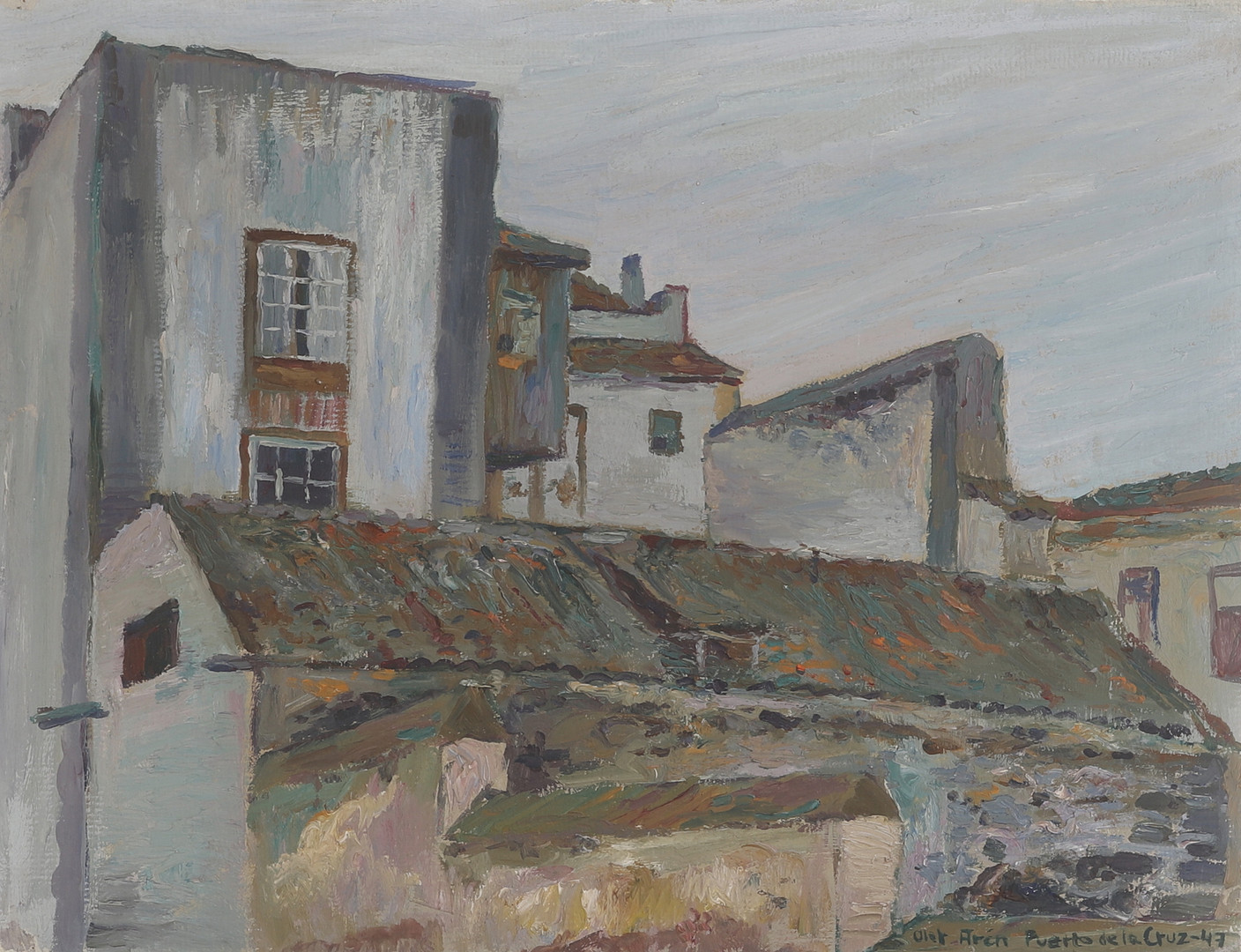 OLOF ARÉN. Olja på pannå, "Puerto de la Cruz, signerad, daterad -43 .