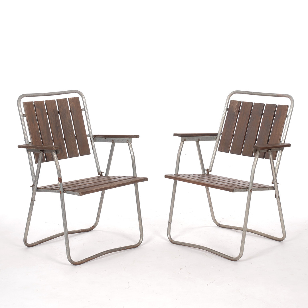 TRÄDGÅRDSSTOLAR, 2 st, fällbara, trä och metallrör, 1960/70-tal.
