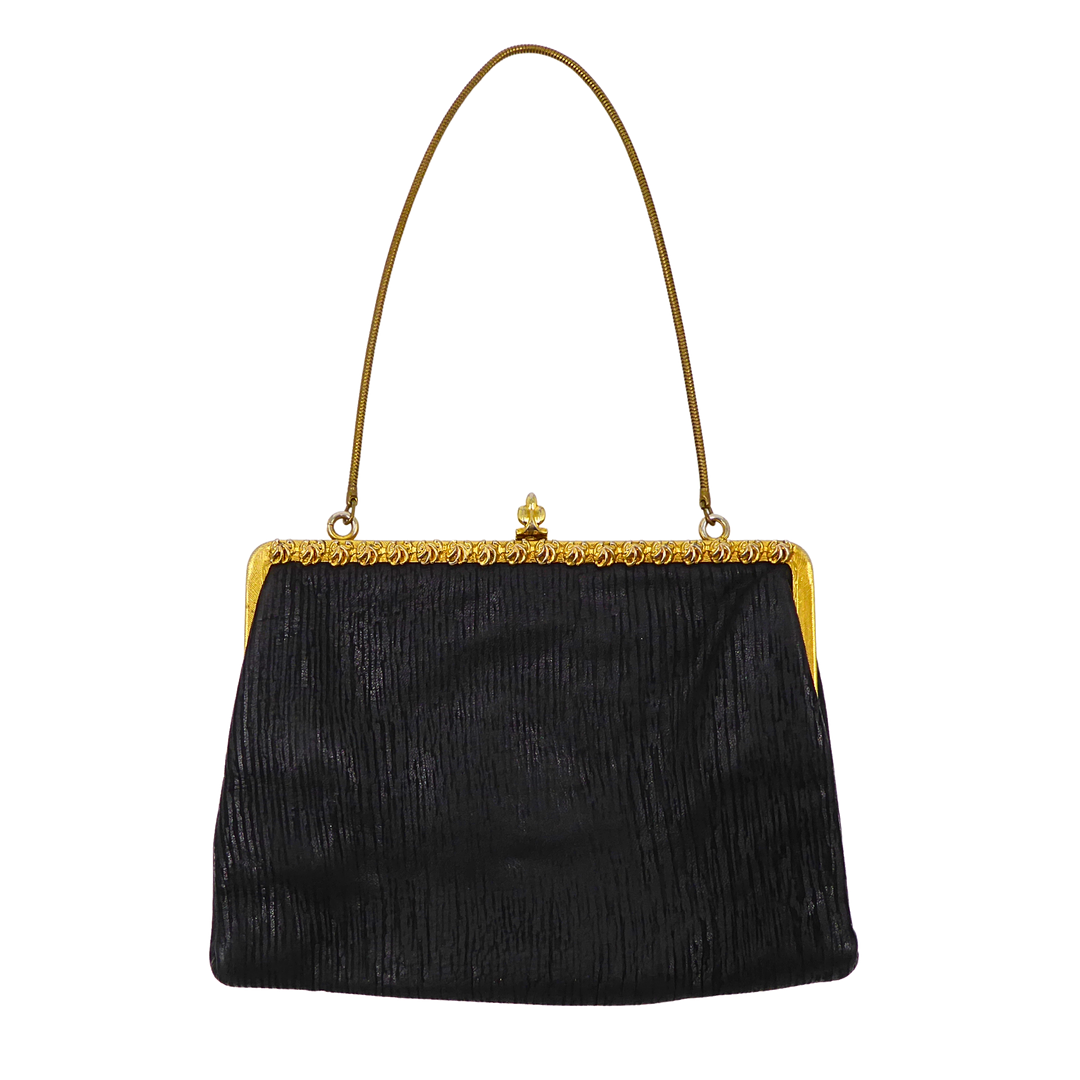 SCHWARZE HANDTASCHE, STRUKTURIERTER TEXTILSTOFF.