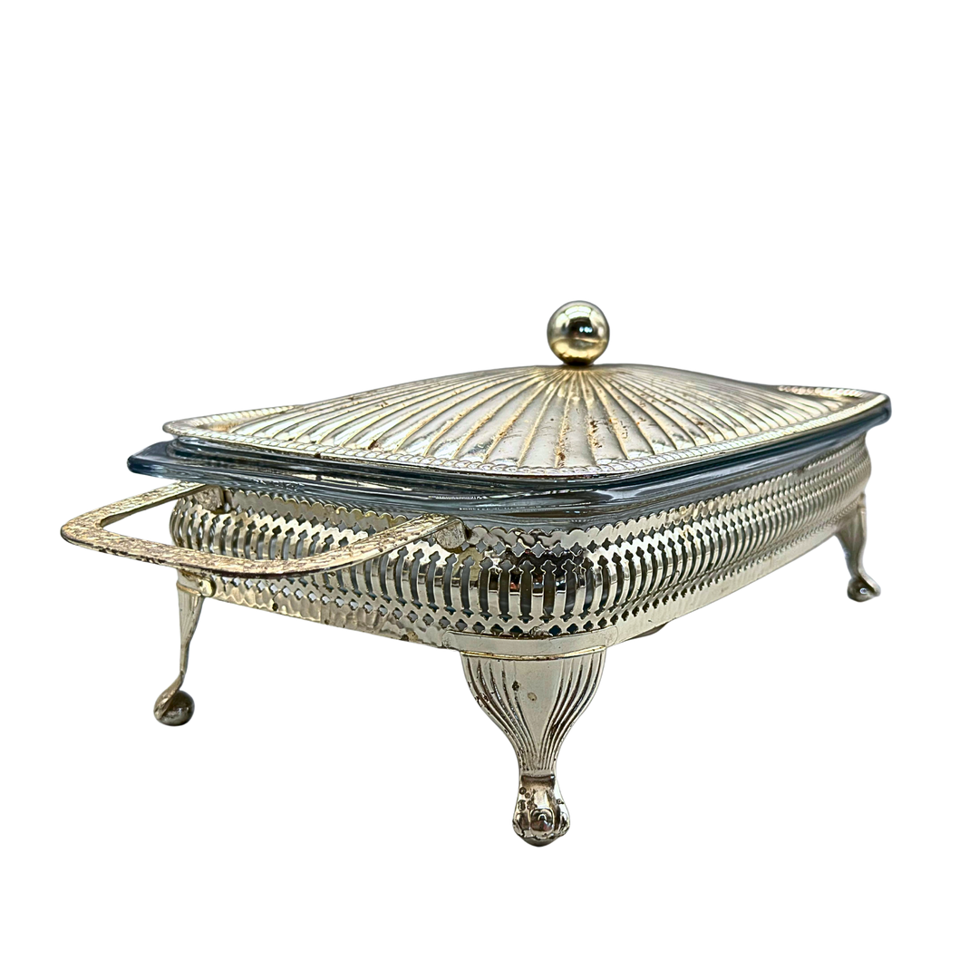 BRITISCHE SERVIERSCHALE AUS METALL MIT HITZEBESTÄNDIGEM PYREX-GLAS.